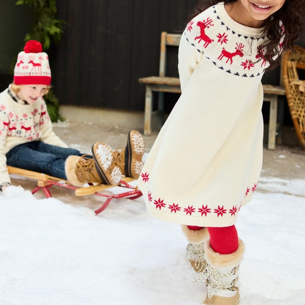 Hanna Andersson Cream Dress with Red Reindeer Design